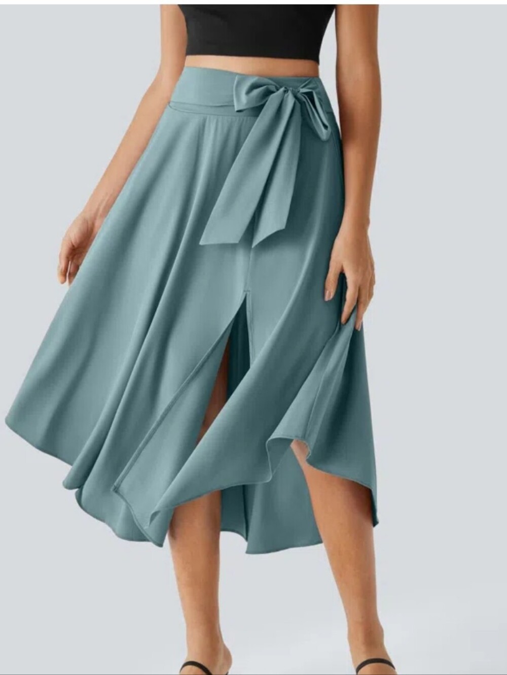 HALARA Light Blue High-Waist Curvef Hem Midi Skirt with Tie